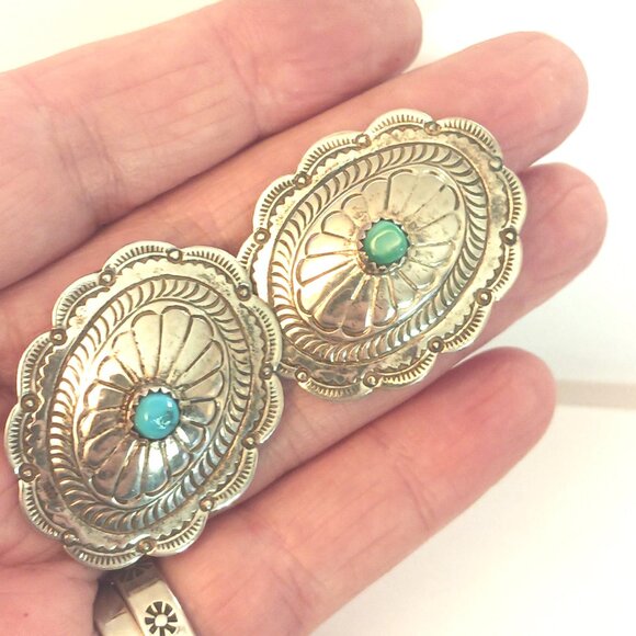 Vntg Signed Navajo Concho 925 Turquoise Earrings Clip on (1596) - Picture 5 of 5
